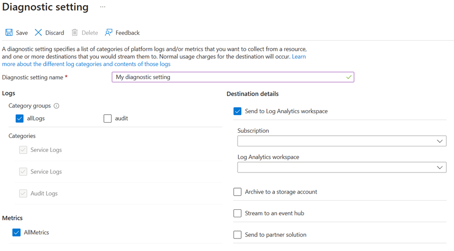 Screenshot of the Diagnostic setting page that shows an example.