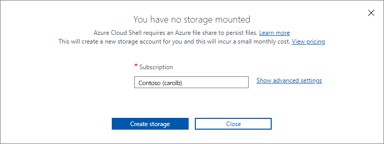 Screenshot showing the create storage prompt.