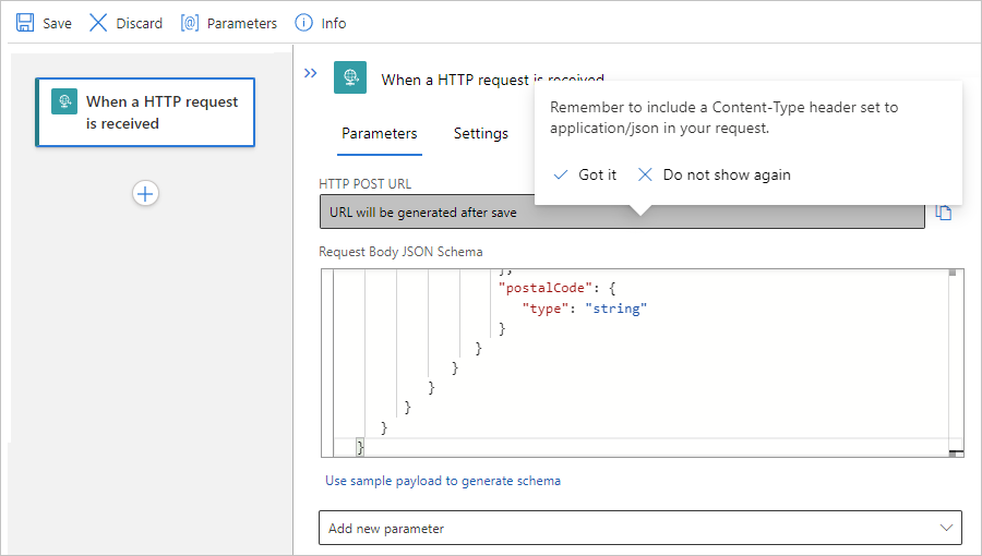 Screenshot showing Standard workflow, Request trigger, and reminder to include "Content-Type" header.