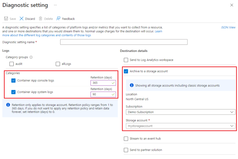 Screenshot Diagnostic settings storage destination.