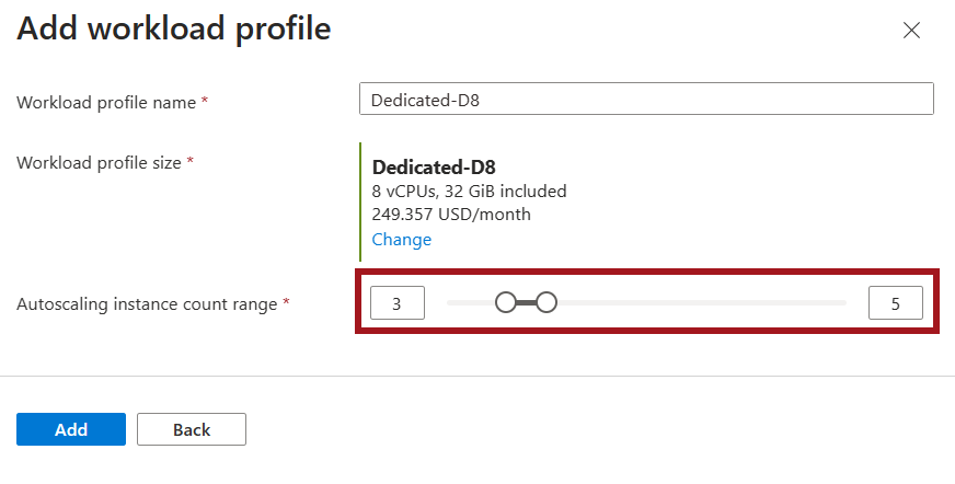 Screenshot of the window to select the min and max instances for a workload profile.