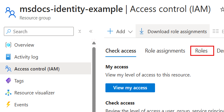 Screenshot of the 'Roles' option in the 'Access Control (IAM)' pane.