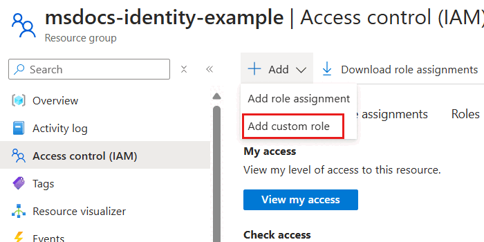 Screenshot of the 'Add custom role' option in the 'Access Control (IAM)' menu for the 'Add' option.