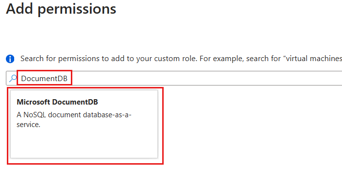 Screenshot of the 'Add permissions' dialog filtered to permissions related to 'DocumentDB' for adding a custom role.