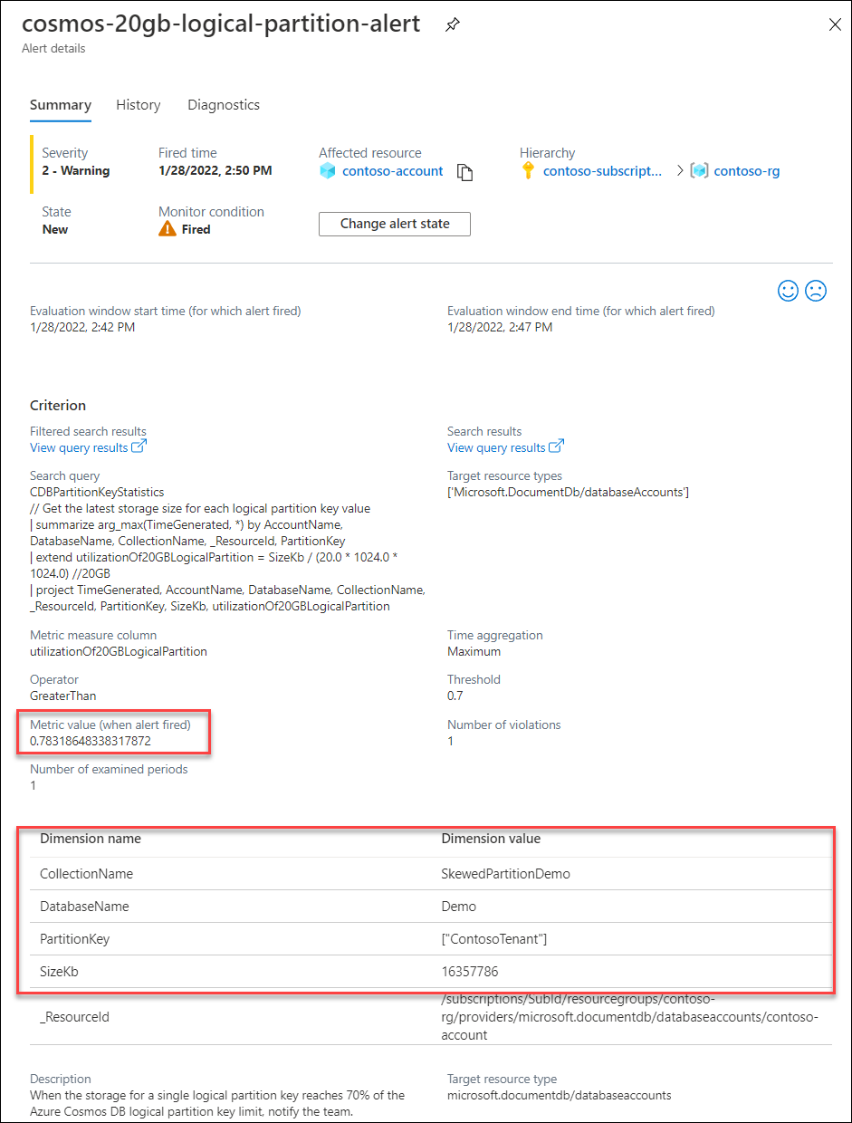 Screenshot of an alert fired when logical partition key size exceeds threshold