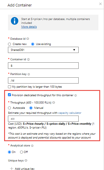 Setting the throughput at the container-level