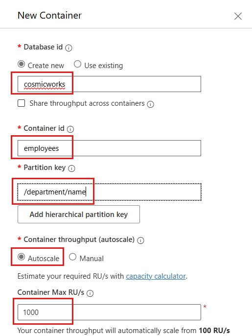 Screenshot of the dialog to create a new database and container with the specified options filled.