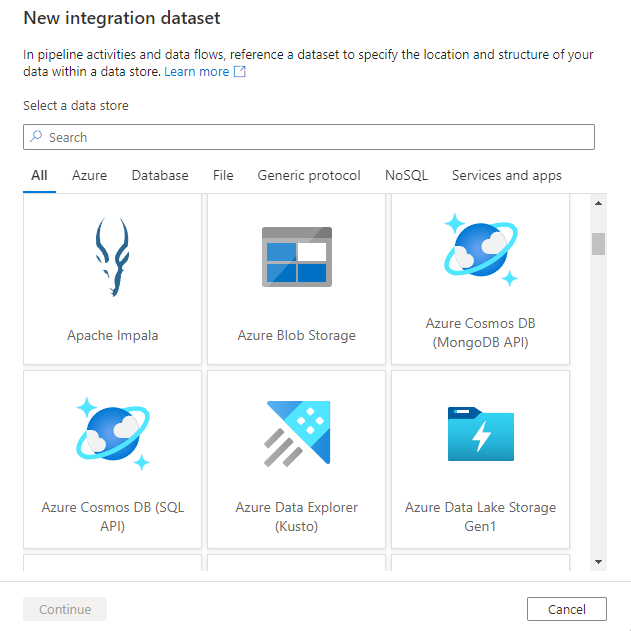 Shows the new integration dataset window where you can choose the type of linked service to any of the supported Azure Synapse connectors.