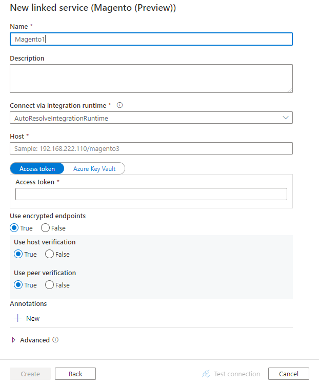 Screenshot of linked service configuration for Magento.