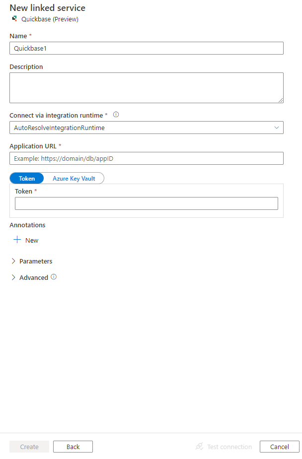 Screenshot of configuration for Quickbase linked service.