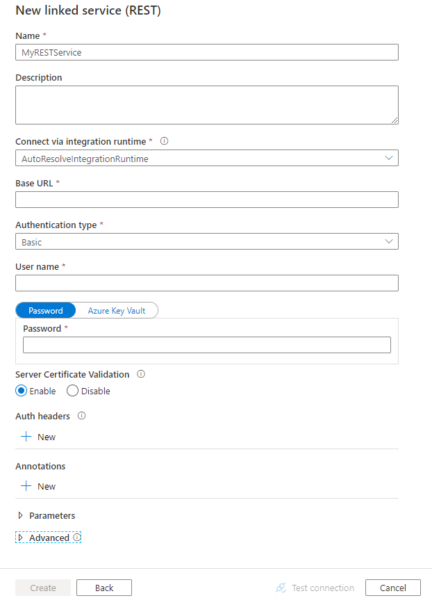 Configure REST linked service.