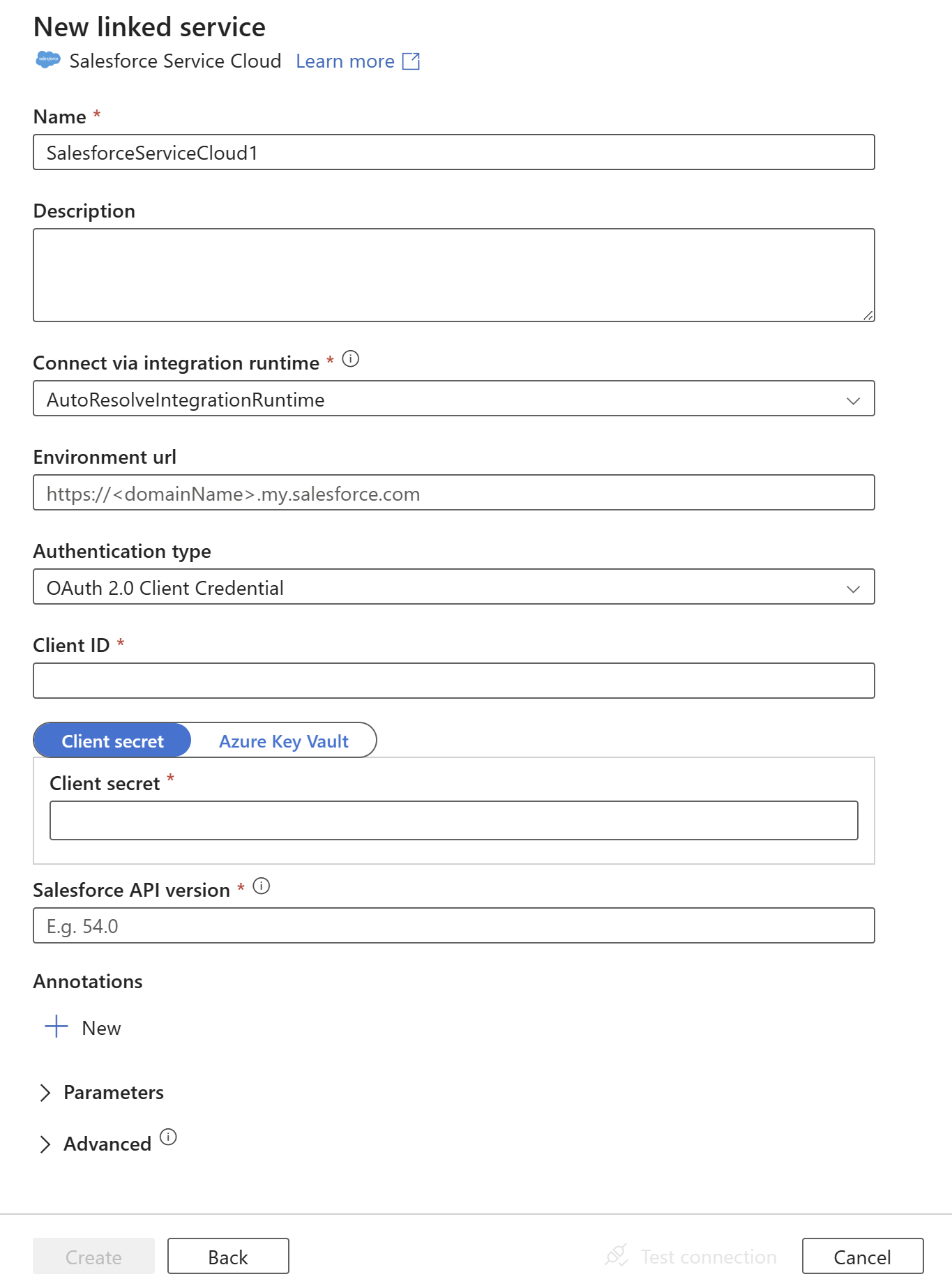 Screenshot of linked service configuration for Salesforce Service Cloud.