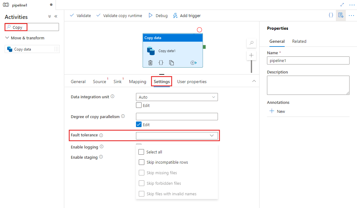 Shows the UI for a Copy Data activity on the Settings tab with the Fault Tolerance configuration highlighted.