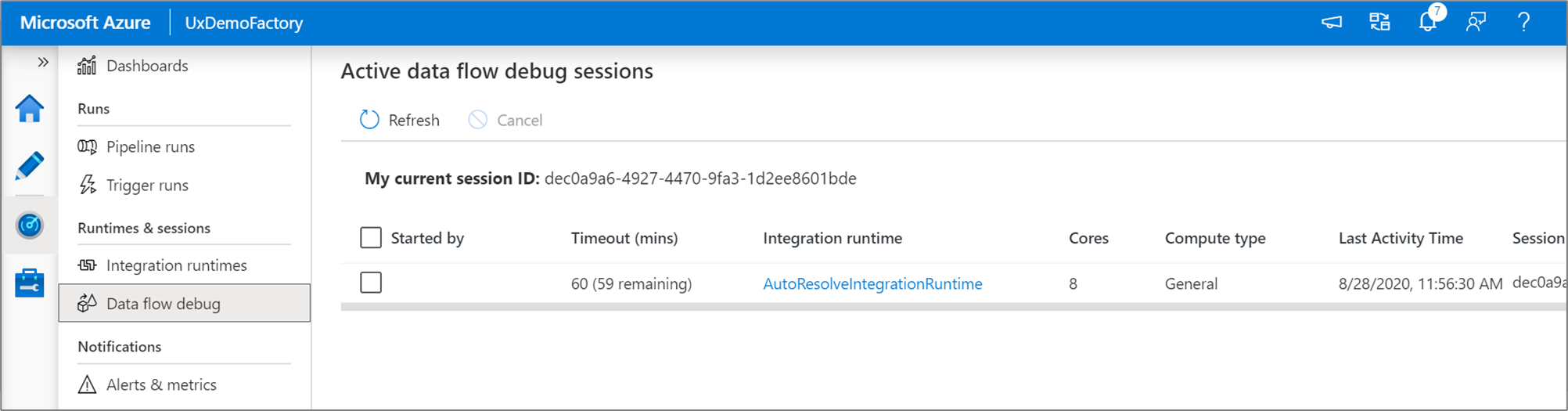 View data flow debug sessions