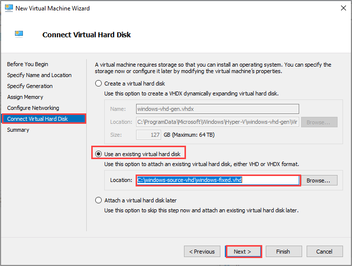 Connect virtual hard disk page