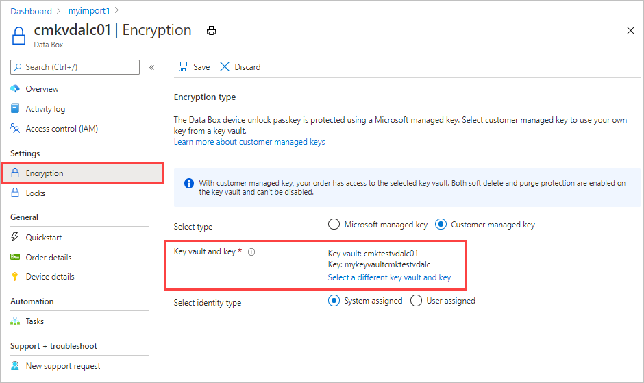 Key and key vault for a customer-managed key