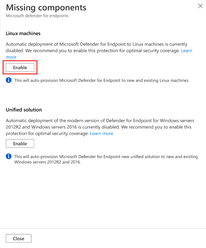 Screenshot of enabling the integration between Defender for Cloud and Microsoft's EDR solution, Microsoft Defender for Endpoint for Linux.