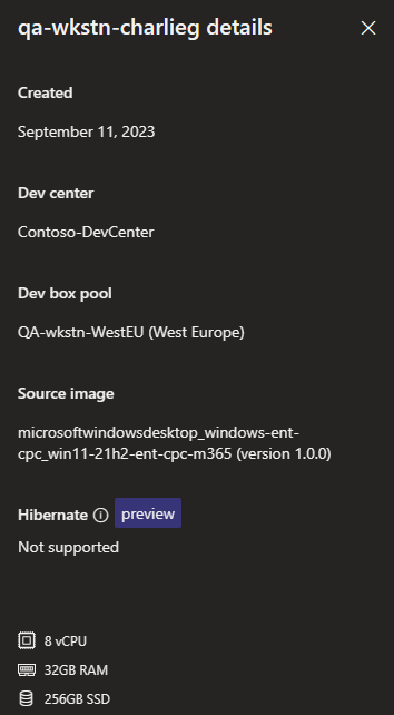 Screenshot of the dev box more information pane, showing creation date, dev center, dev box pool, and source image for the dev box.