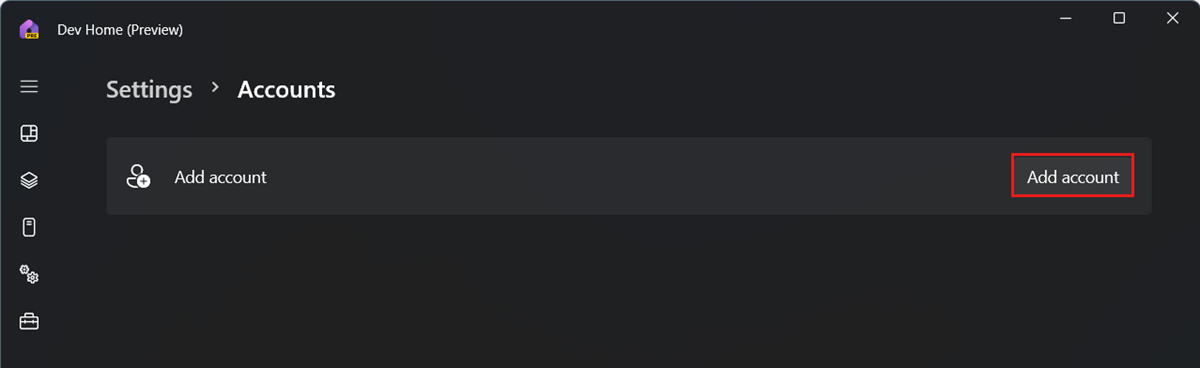Screenshot of Dev Home, showing the Accounts page with Add account highlighted.