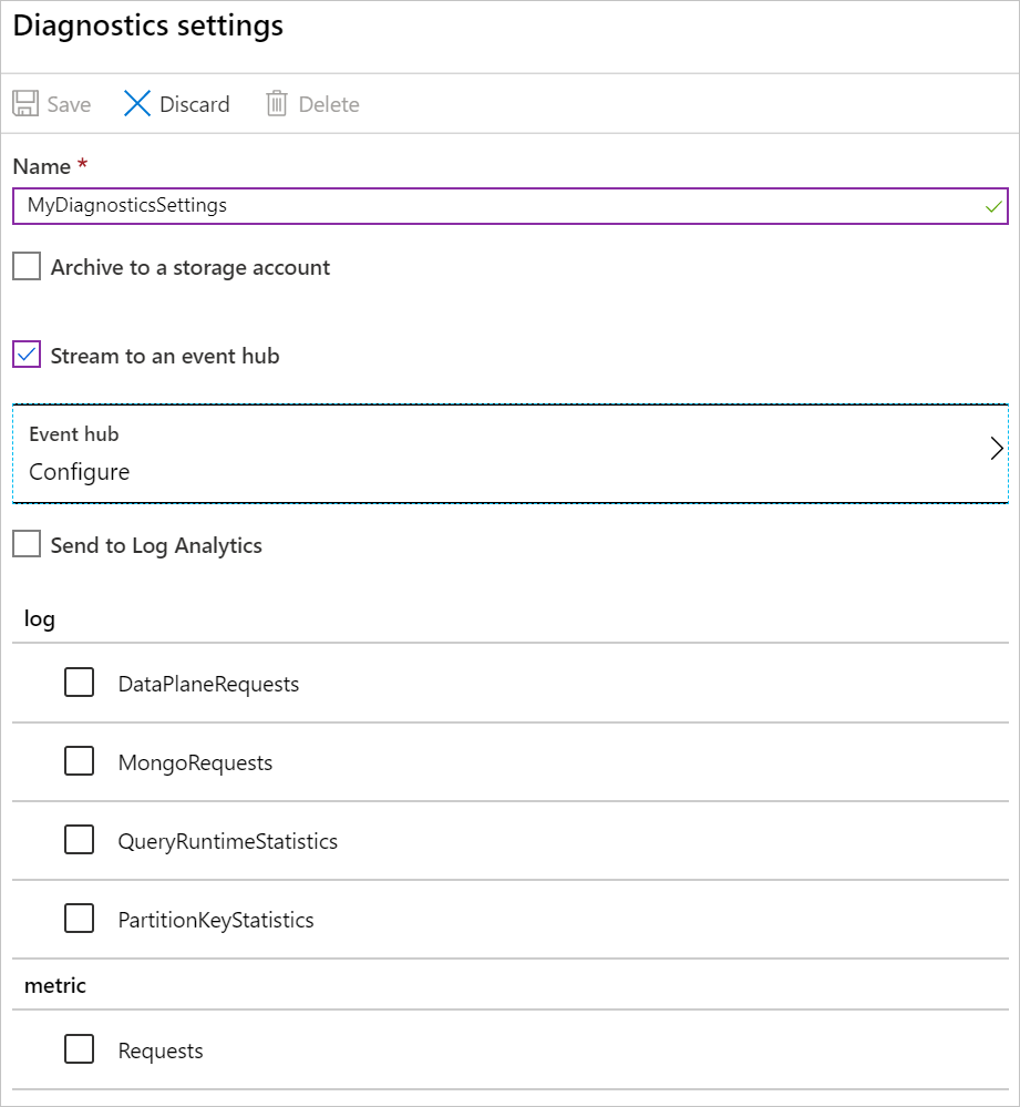 Diagnostics settings panel