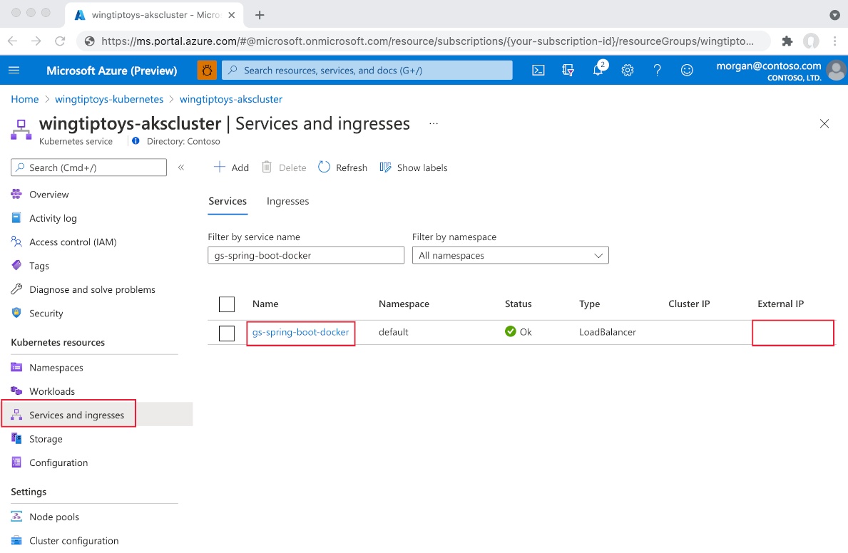 Kubernetes resources view, services list, external endpoints highlighted.