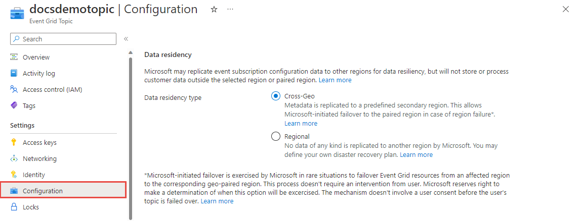 Screenshot showing the Configuration page for an Event Grid custom topic.