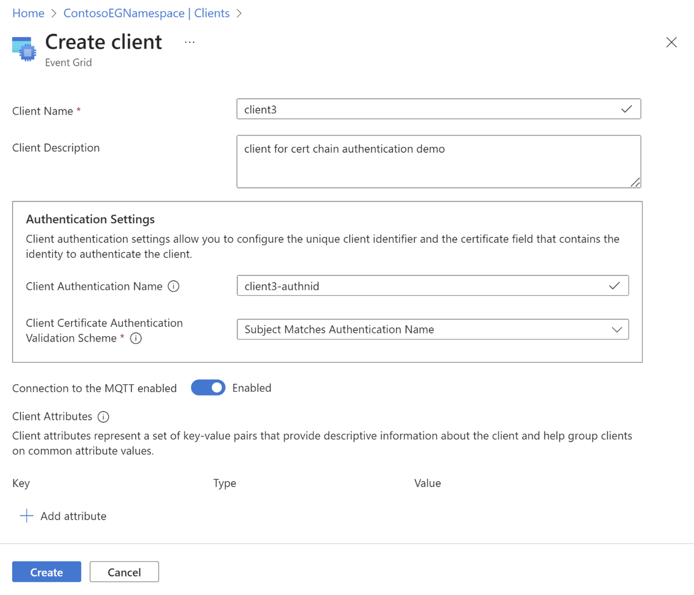 Screenshot showing the client metadata using the subject matches the authentication name option.