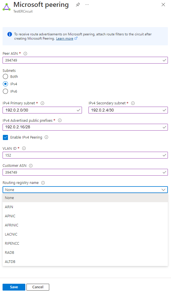 Screenshot showing how to update Microsoft peering configuration.