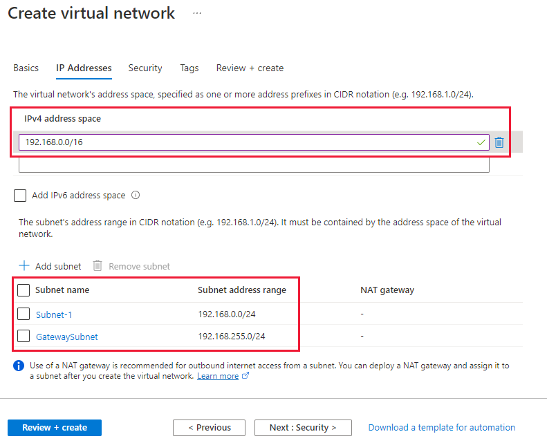 Screenshot of IP addresses tab for creating a virtual network.