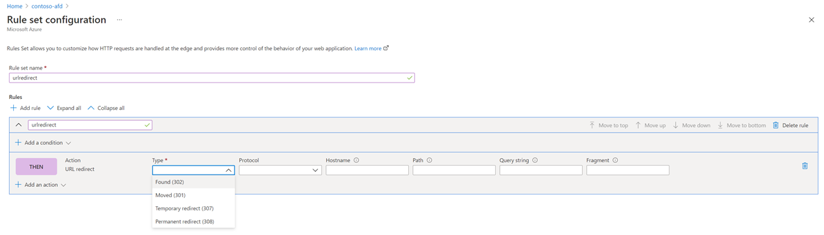 Screenshot of creating url redirect with Rule Set.