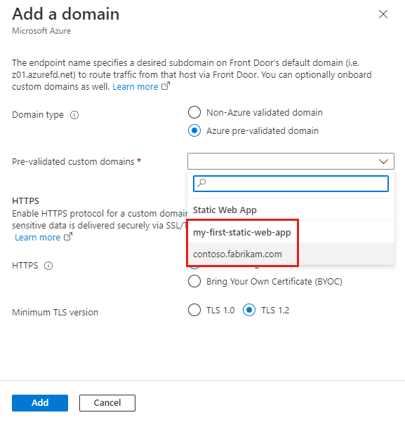 Screenshot that shows Pre-validated custom domains on the Add a domain pane.