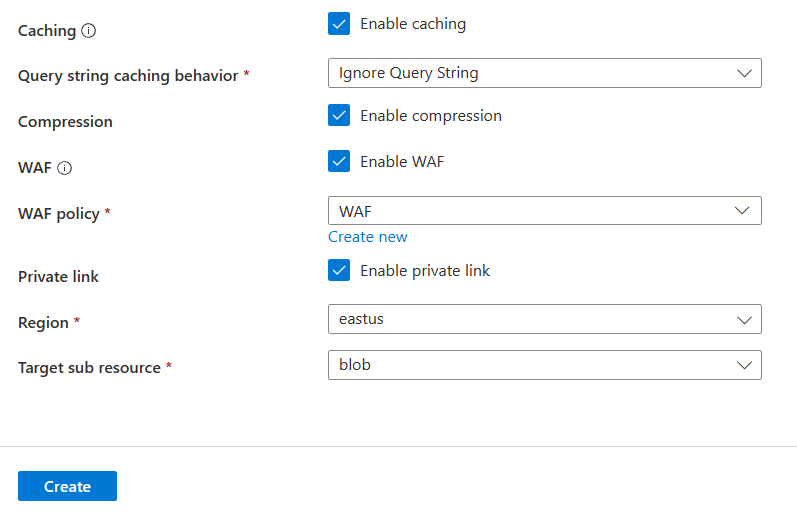 Screenshot of the caching, WAF, and private link settings for an endpoint.