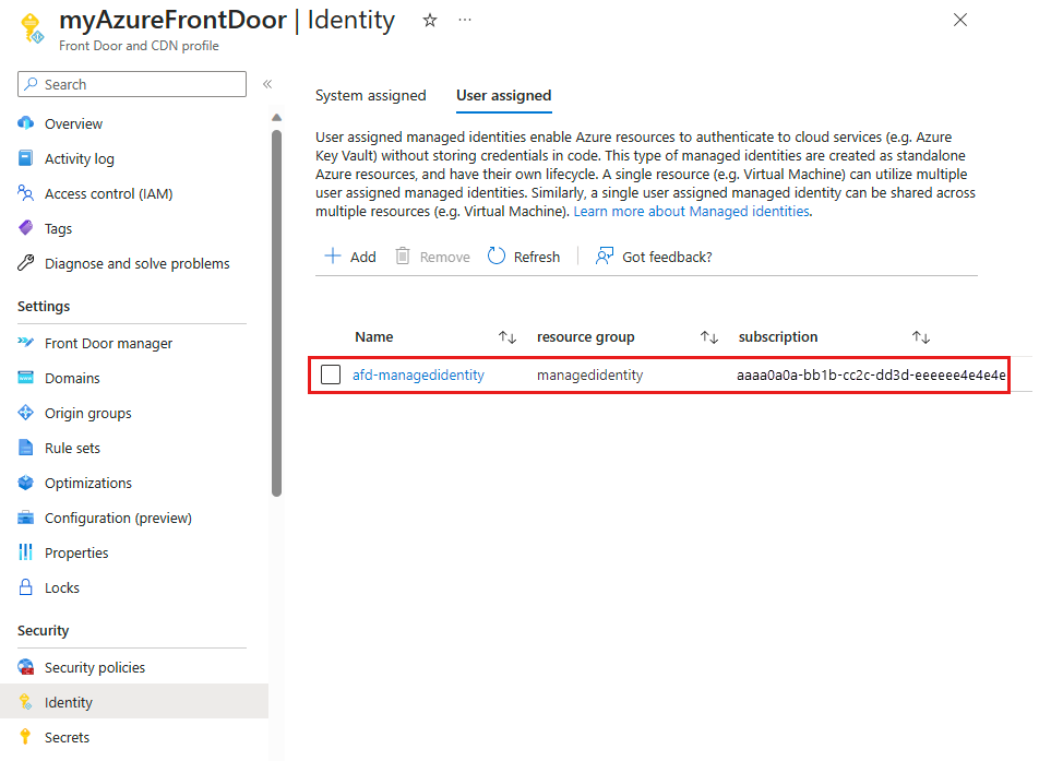 Screenshot of the add user assigned managed identity added to Front Door profile.