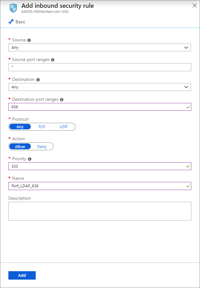 The Add inbound security rule dialog box.