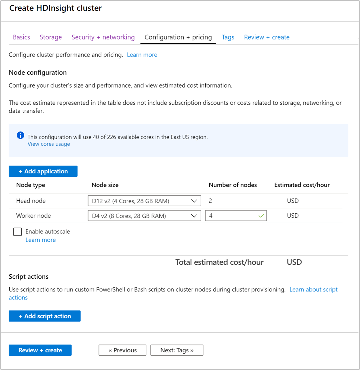 HDInsight create cluster configuration.