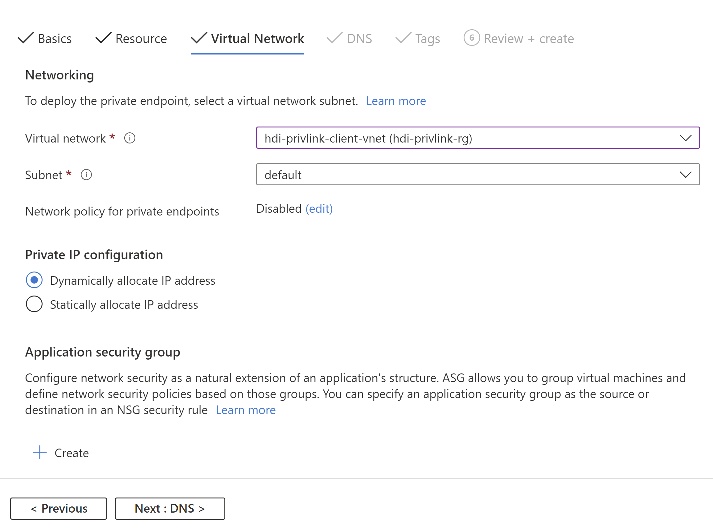 Diagram of the Private Link virtual network tab.