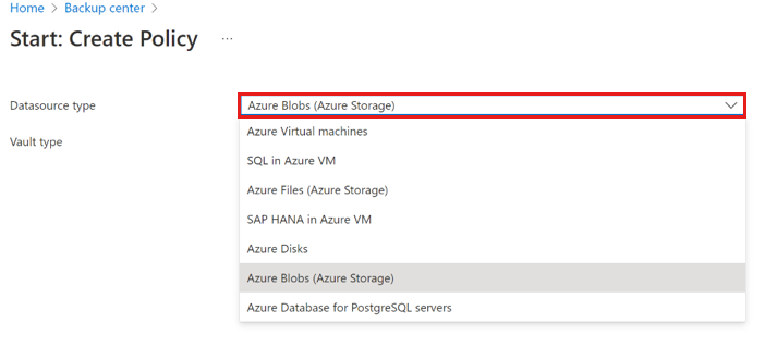 Screenshot shows how to select datasource type for vaulted blob backup.