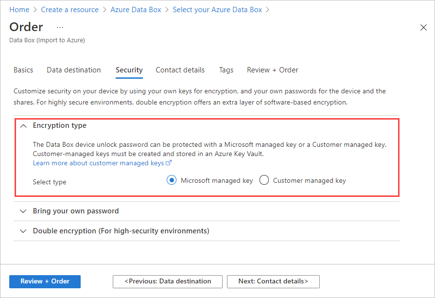 Screenshot of Security tab in the Data Box Order wizard. Encryption Type settings are expanded and highlighted.