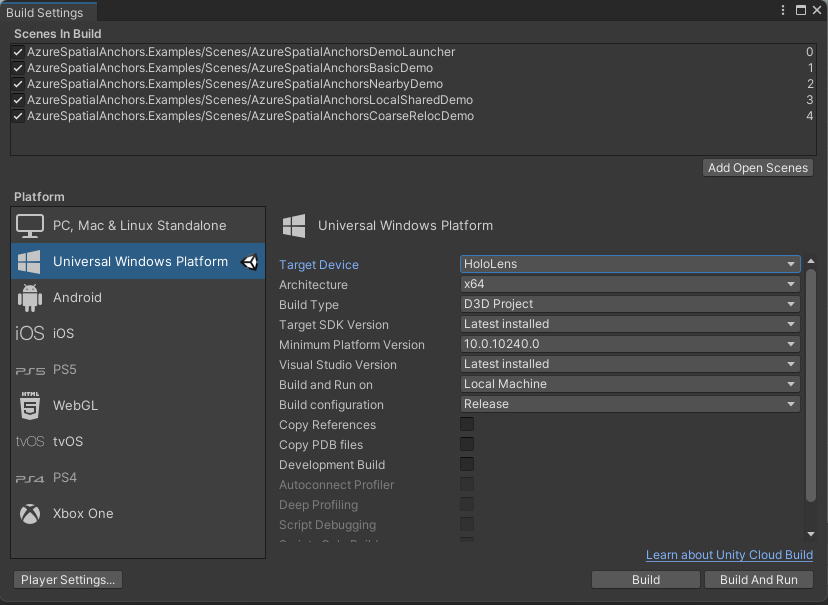 Screenshot of the Unity Build Settings pane - HoloLens