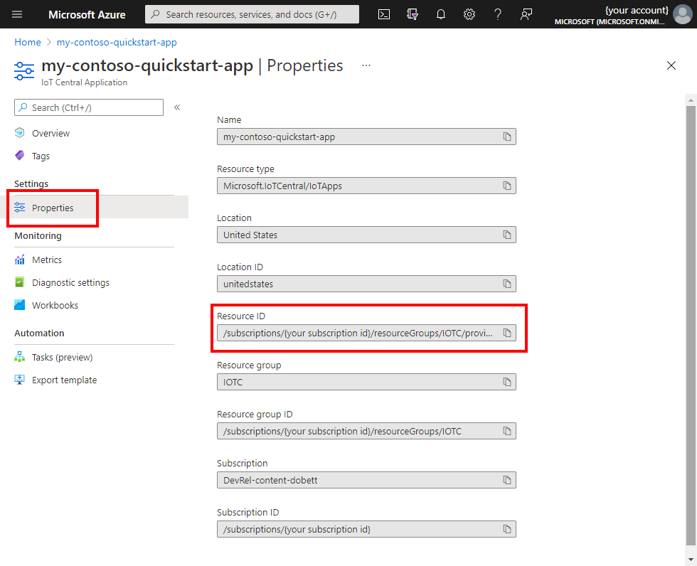 Retrieve resource ID from the IoT Central properties.