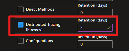 Screenshot that shows where the Distributed Tracing operation is for IoT Hub diagnostic settings.