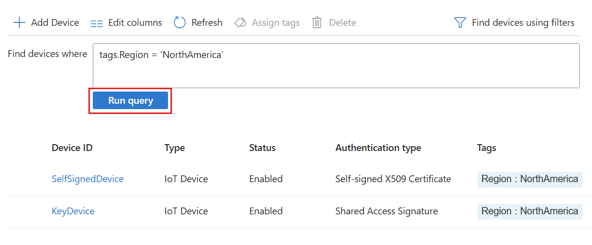 Screenshot that shows using the device query filter in the Azure portal.