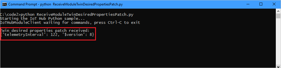 Device app output shows desired properties patch