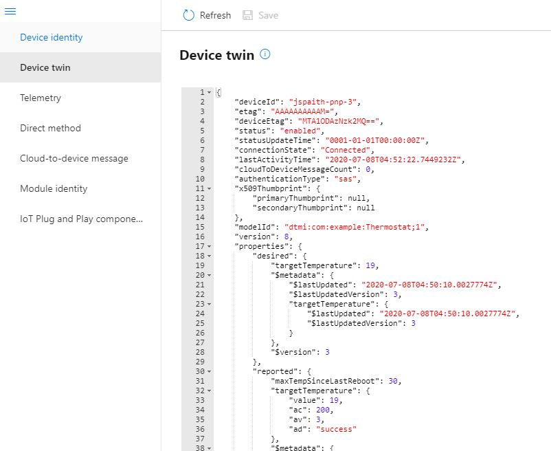 Screenshot of the Azure IoT Explorer tool that shows the model ID in a digital twin property.