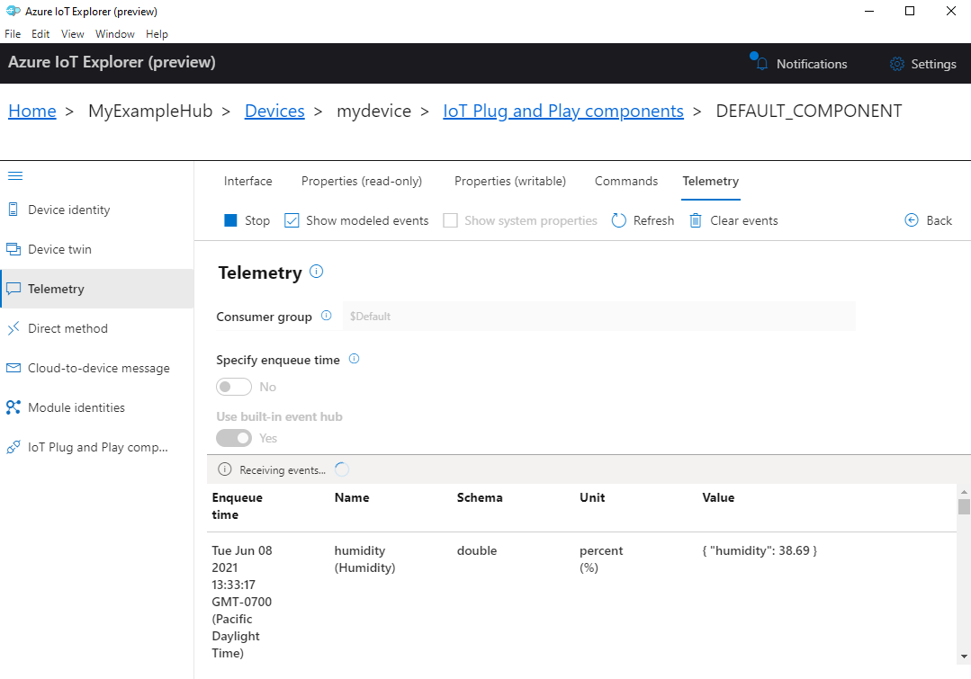 Screenshot of modeled telemetry events in IoT Explorer