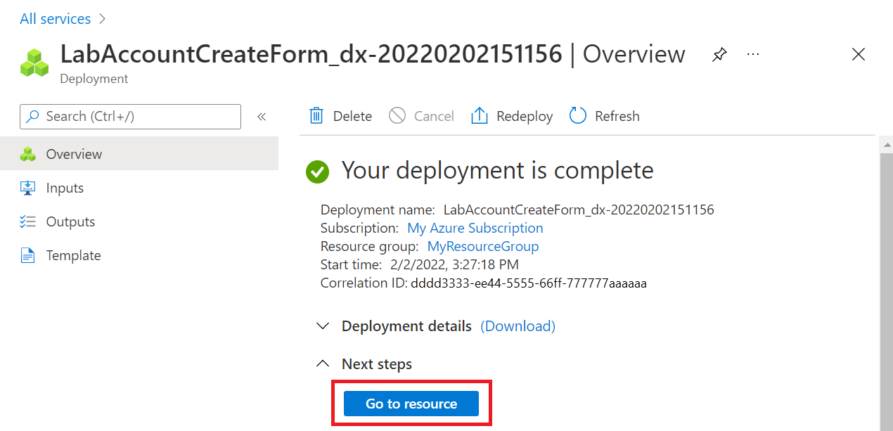 Screenshot that shows the deploy resource page for the lab account. The Go to resource button is highlighted.