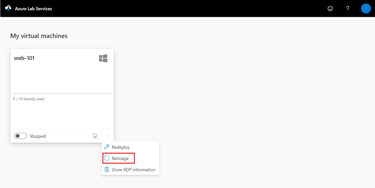 Screenshot that shows how to reimage a lab VM in the Lab Services web portal, highlighting the Reimage button.