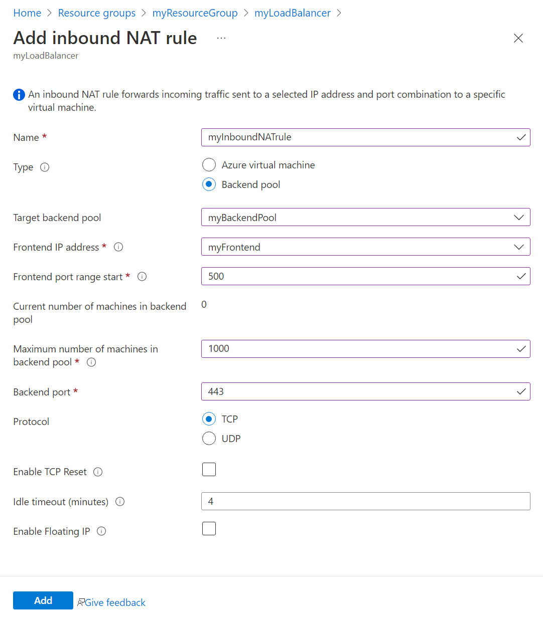 Screenshot of a multiple virtual machines inbound NAT rule.