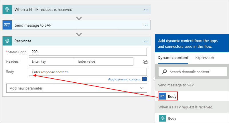 Screenshot shows selecting SAP action output named Body for Consumption workflow.