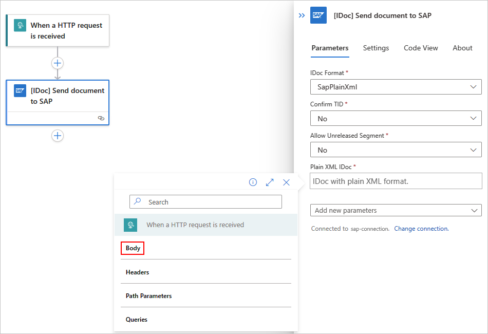 Screenshot shows selecting the Request trigger's output named Body for Standard workflow.